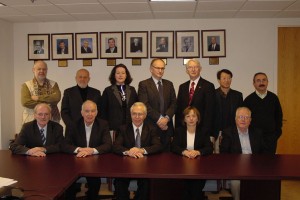 Excutive Council 2008-2012 :: Seated, from left: Jacques Lochard, Executive Officer; Roger Coates, Vice President for Congress Affairs; Ken Kase; President; Renate Czarwinski, Vice President and Dick Griffith, Publications Director. Standing from left: Gary Kramer, Alfred Hefner, Sisko Salomaa, Bernard Le Guen, Dick Toohey, Treasurer; Jong Kyung Kim, and Eduardo Gallego